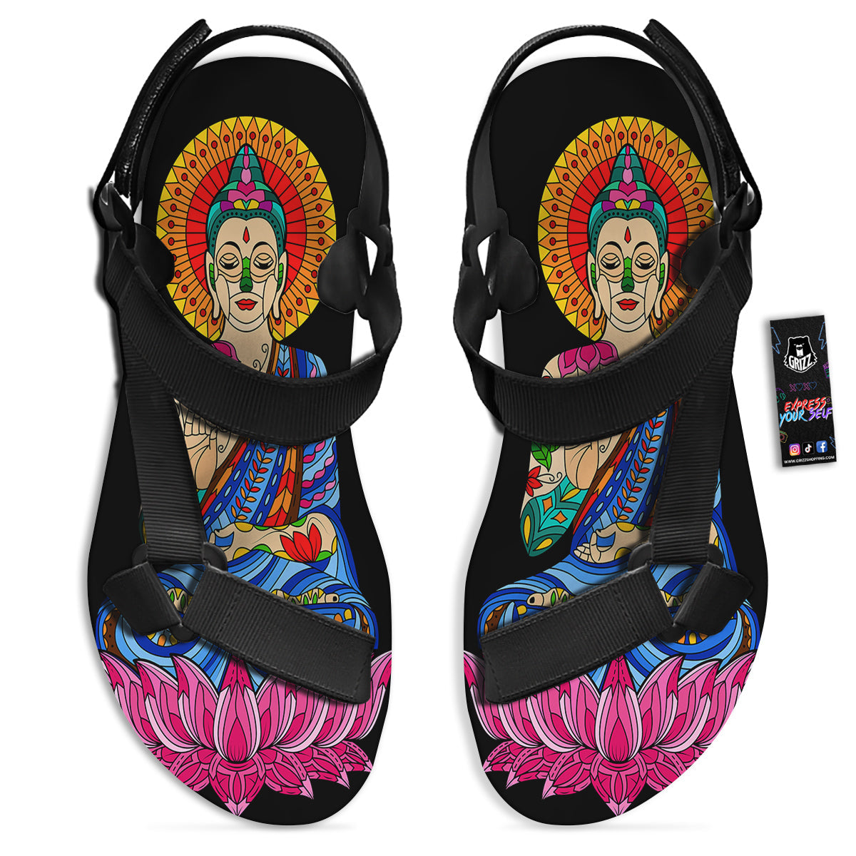 Lotus Buddha Colorful Print Black Open Toe Sandals-grizzshop