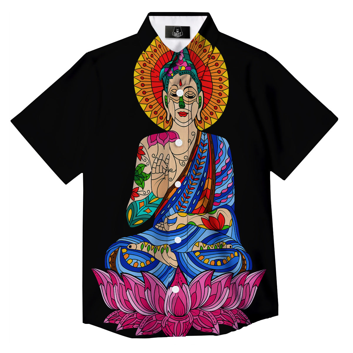 Lotus Buddha Colorful Print Button Up Shirt-grizzshop
