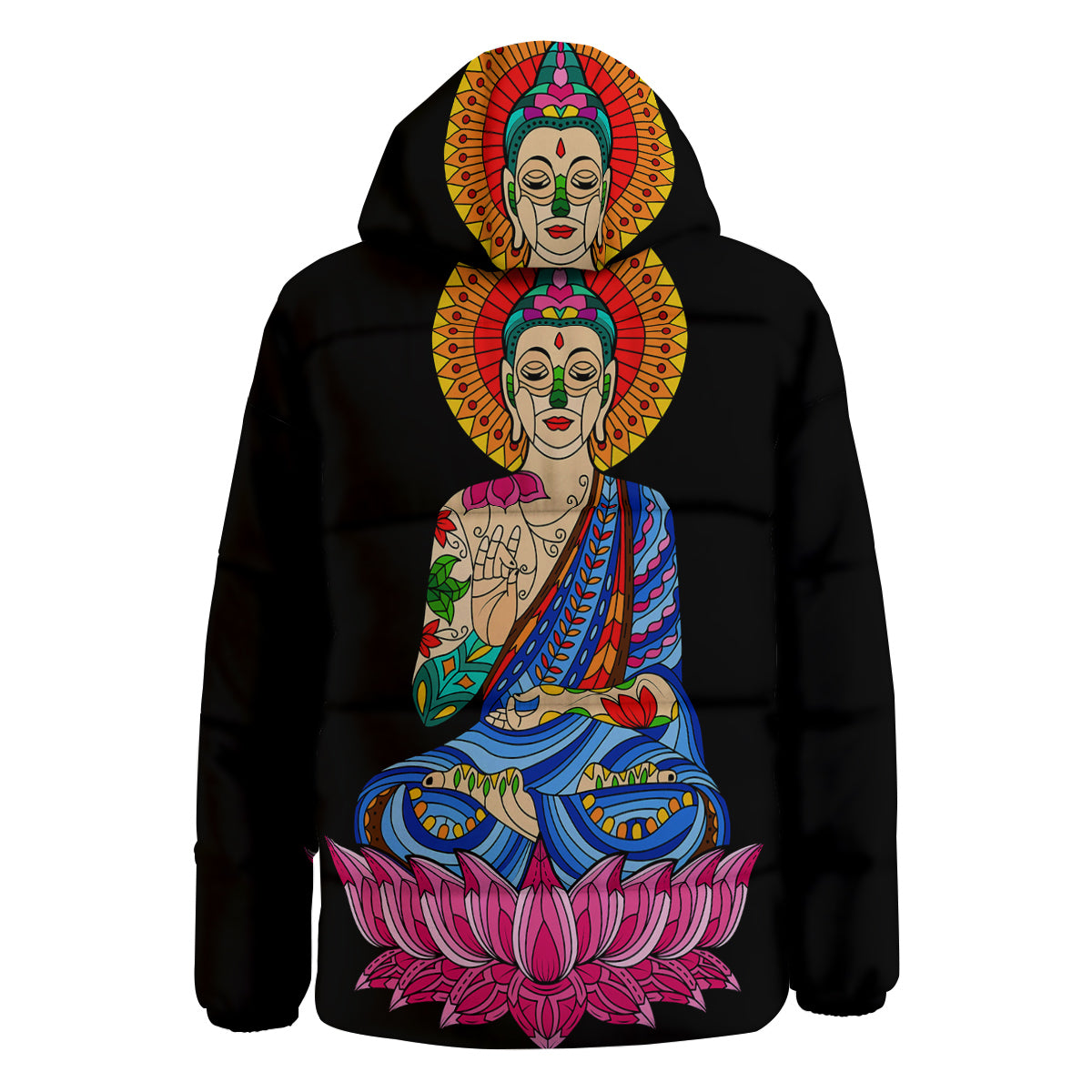 Lotus Buddha Colorful Print Down Jacket-grizzshop