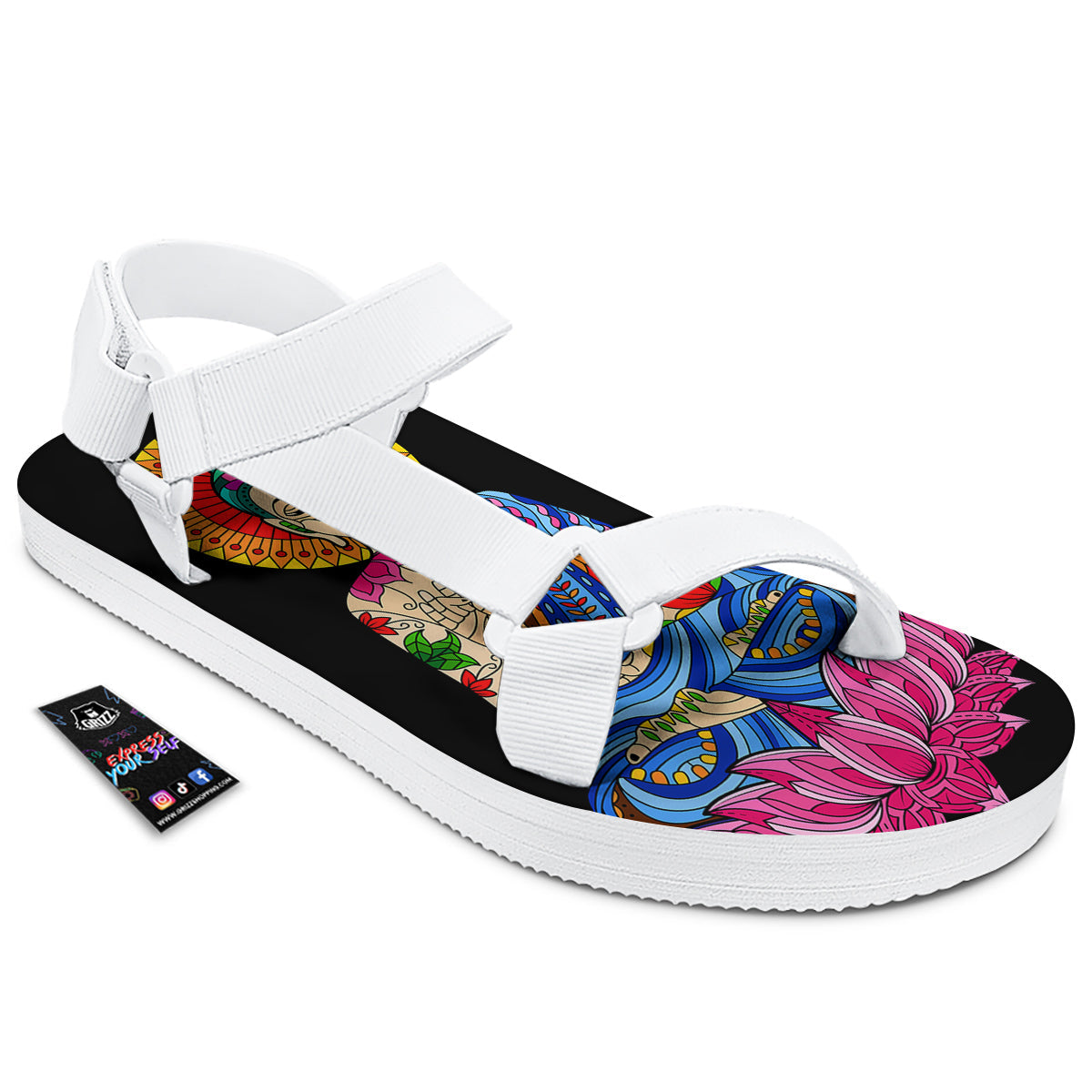 Lotus Buddha Colorful Print White Open Toe Sandals-grizzshop