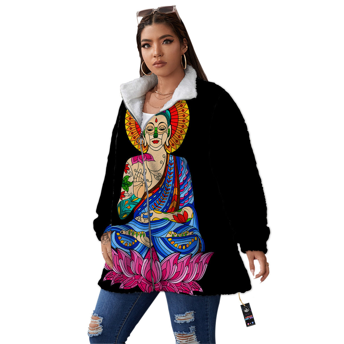 Lotus Buddha Colorful Print Women's Sherpa Jacket-grizzshop
