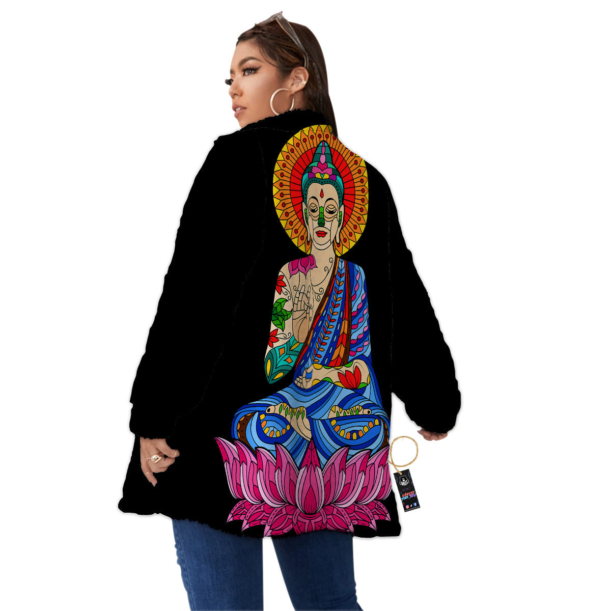 Lotus Buddha Colorful Print Women's Sherpa Jacket-grizzshop