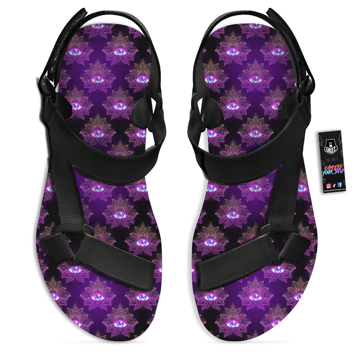 Lotus Eye Of Providence Print Pattern Black Open Toe Sandals-grizzshop