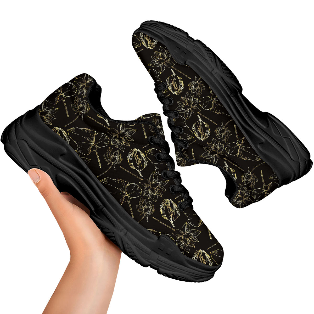 Lotus Flower Gold And Black Print Black Chunky Shoes-grizzshop