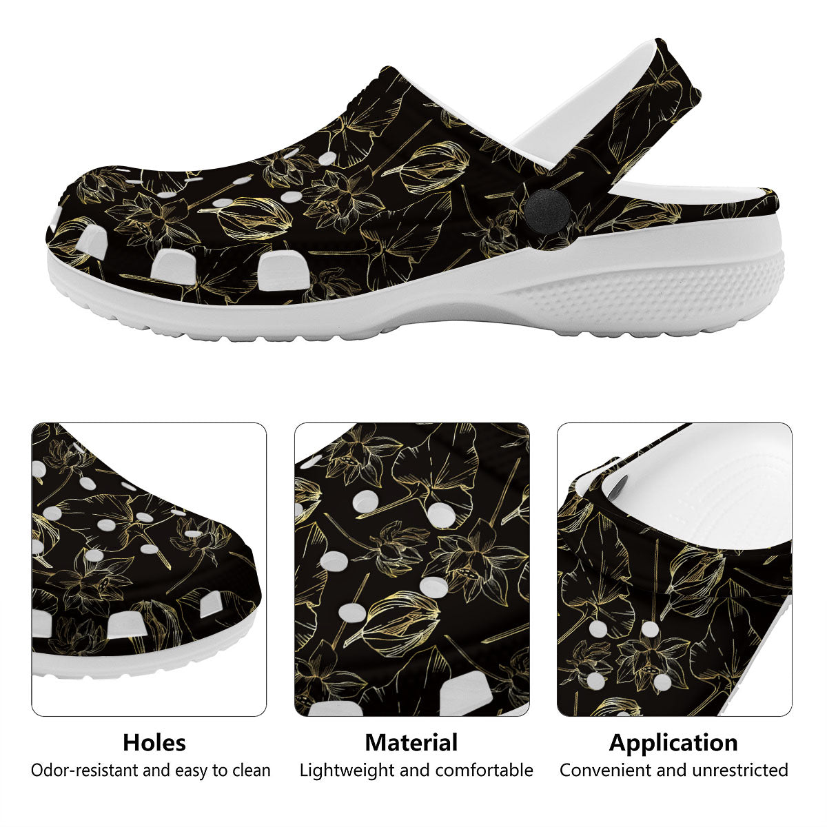 Lotus Flower Gold And Black Print Clog-grizzshop