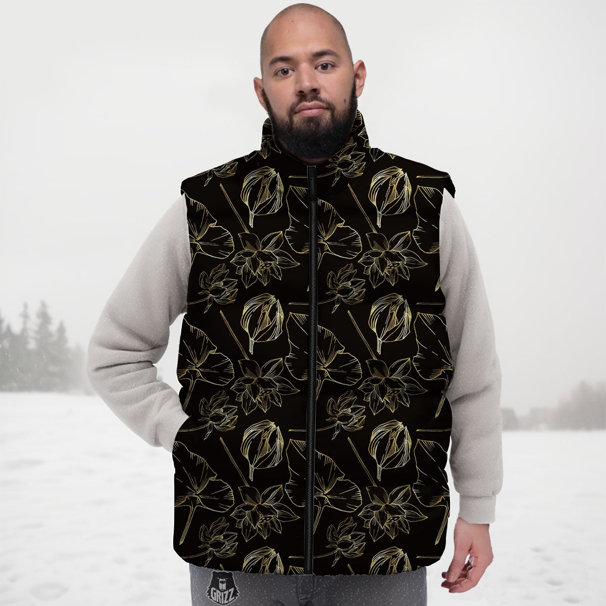 Lotus Flower Gold And Black Print Down Vest-grizzshop