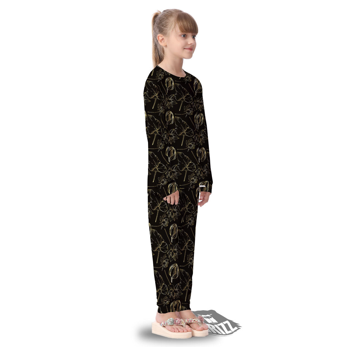 Lotus Flower Gold And Black Print Kid's Pajamas-grizzshop
