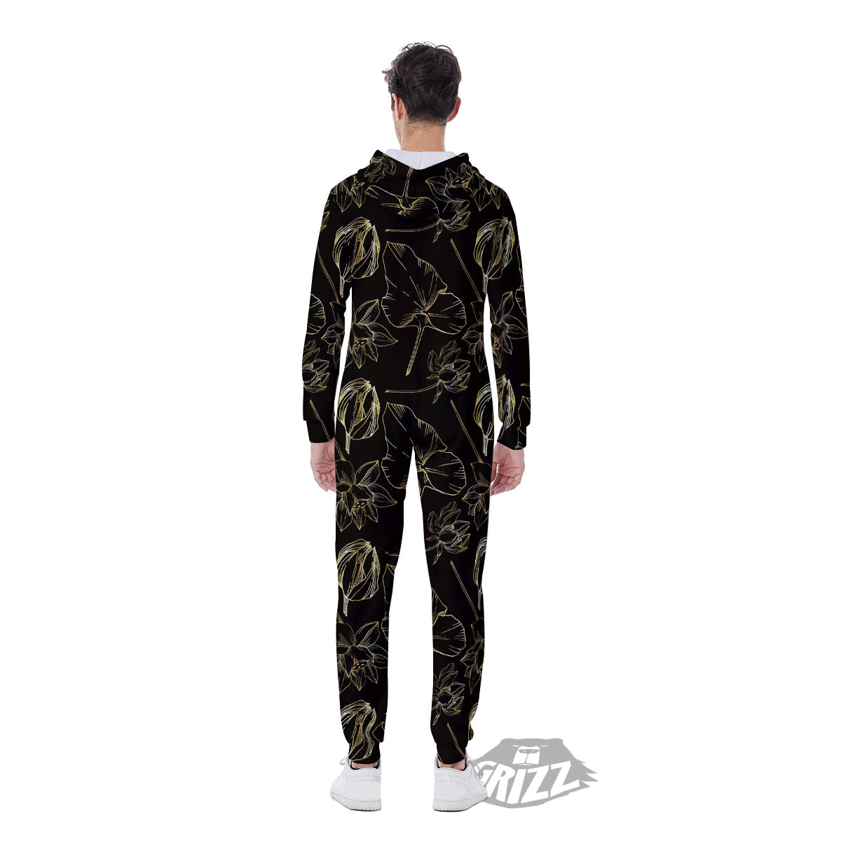 Lotus Flower Gold And Black Print Men's Jumpsuit-grizzshop