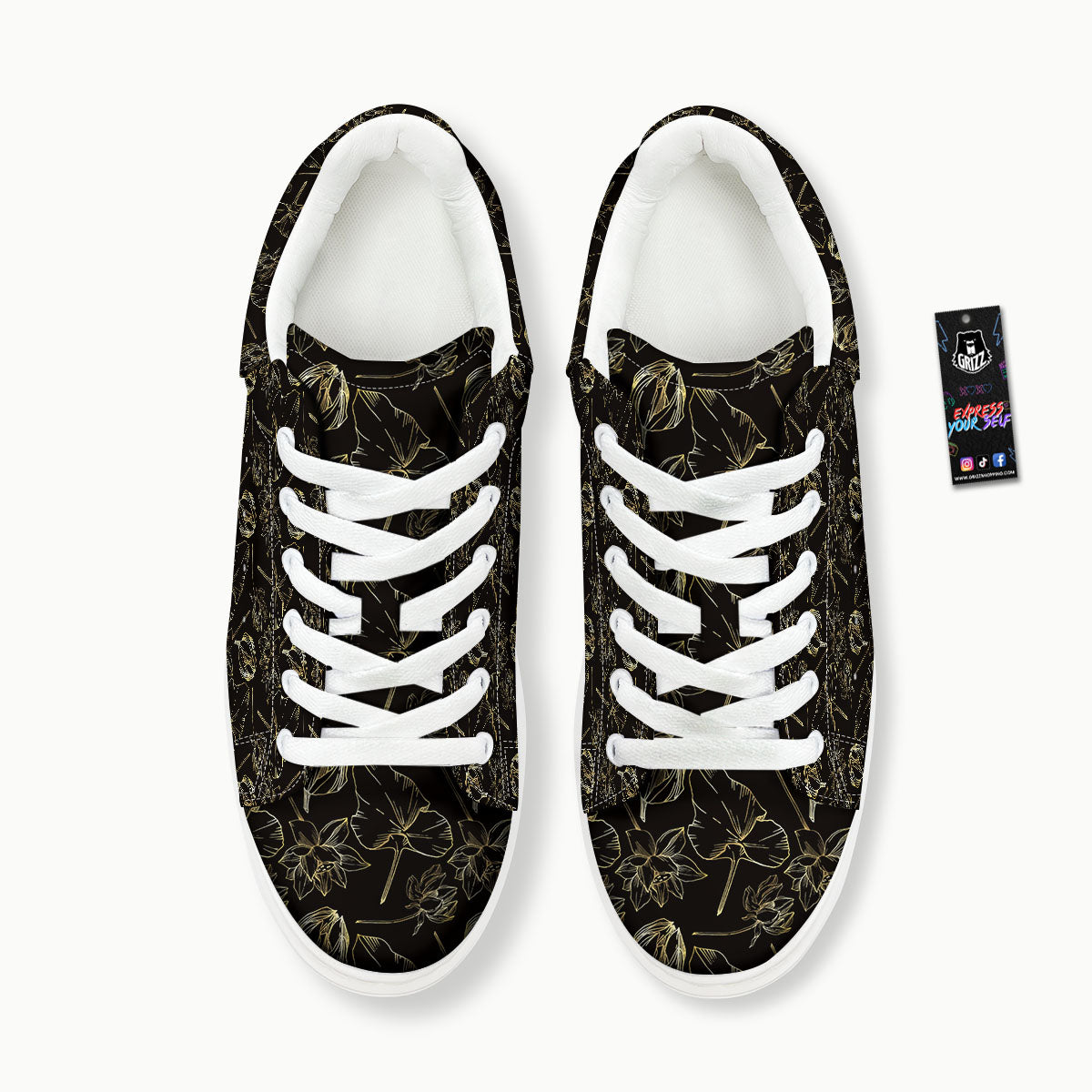 Lotus Flower Gold And Black Print Platform Shoes-grizzshop