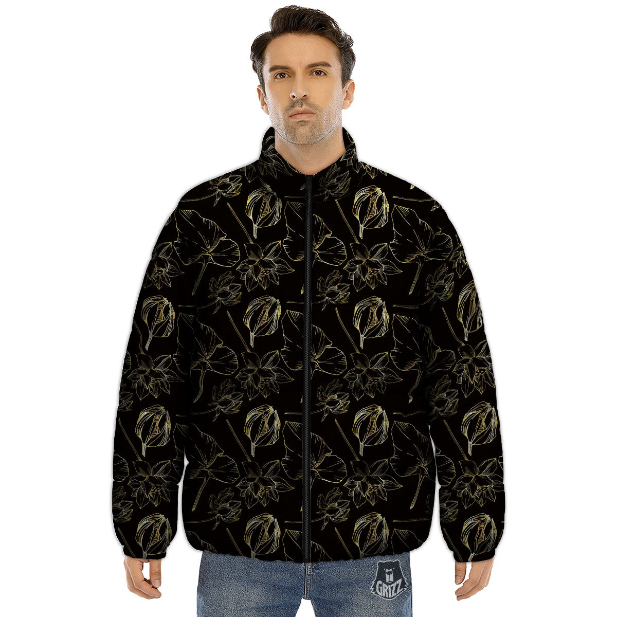 Lotus Flower Gold And Black Print Puffer Jacket-grizzshop