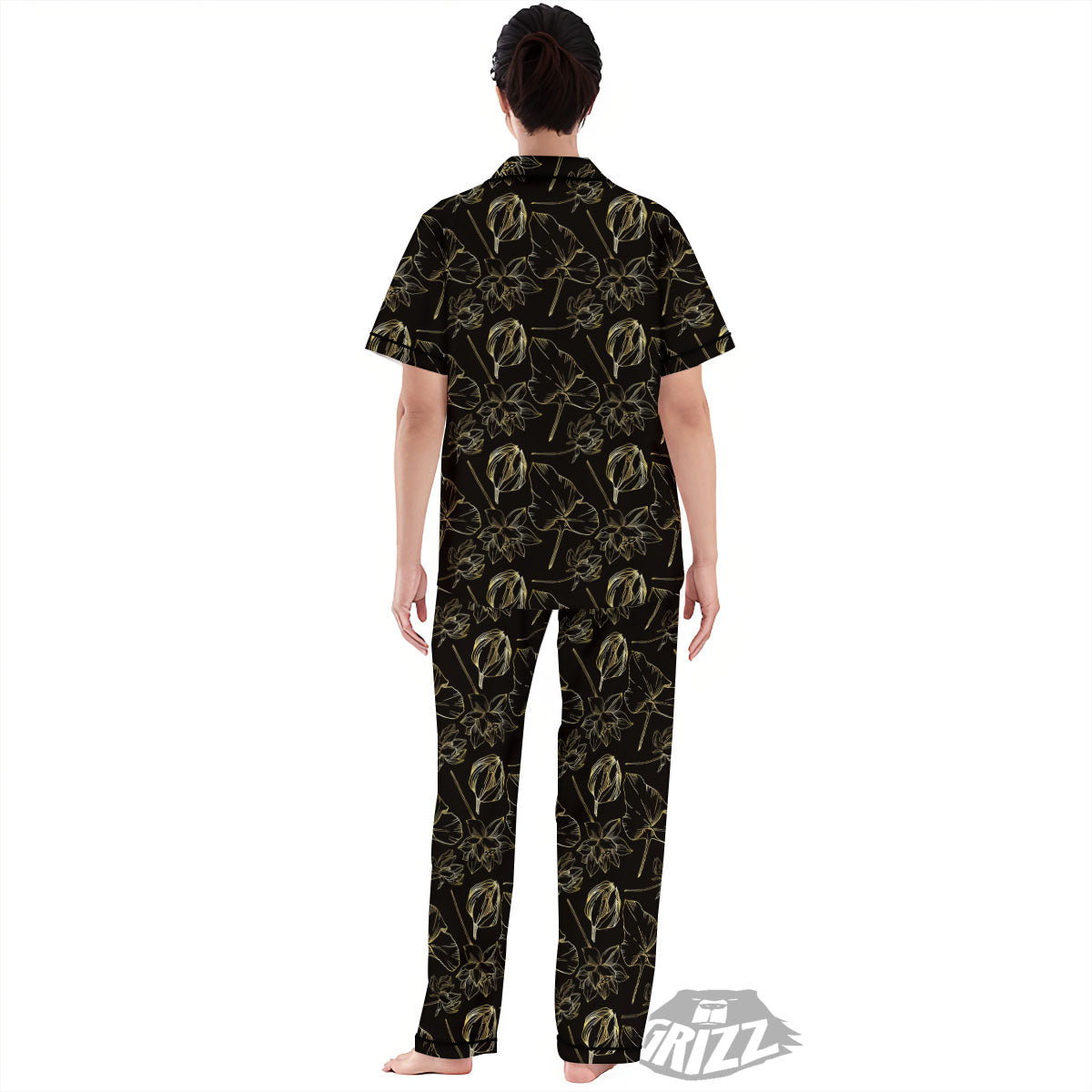 Lotus Flower Gold And Black Print Women's Pajamas Set-grizzshop
