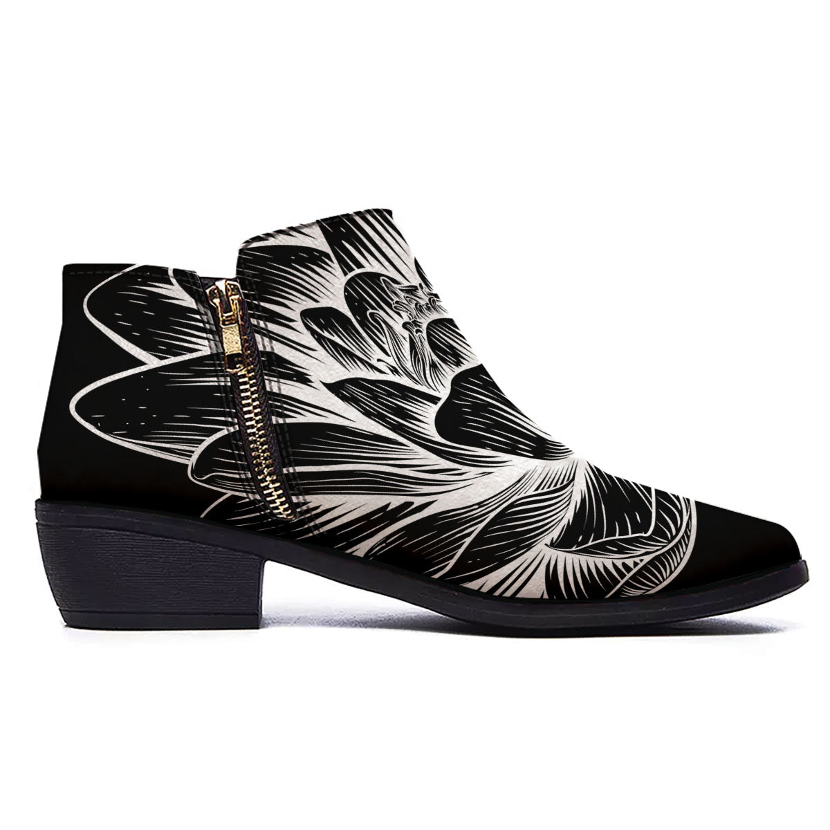 Lotus Flower White And Black Print Ankle Boots-grizzshop