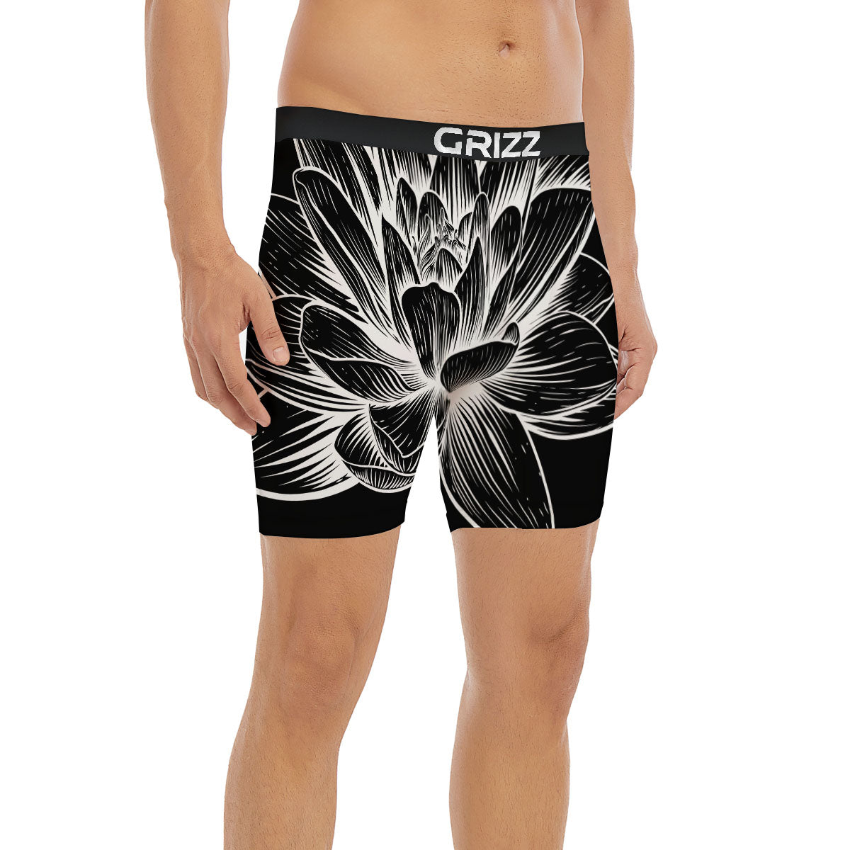 Lotus Flower White And Black Print Boxer Briefs-grizzshop