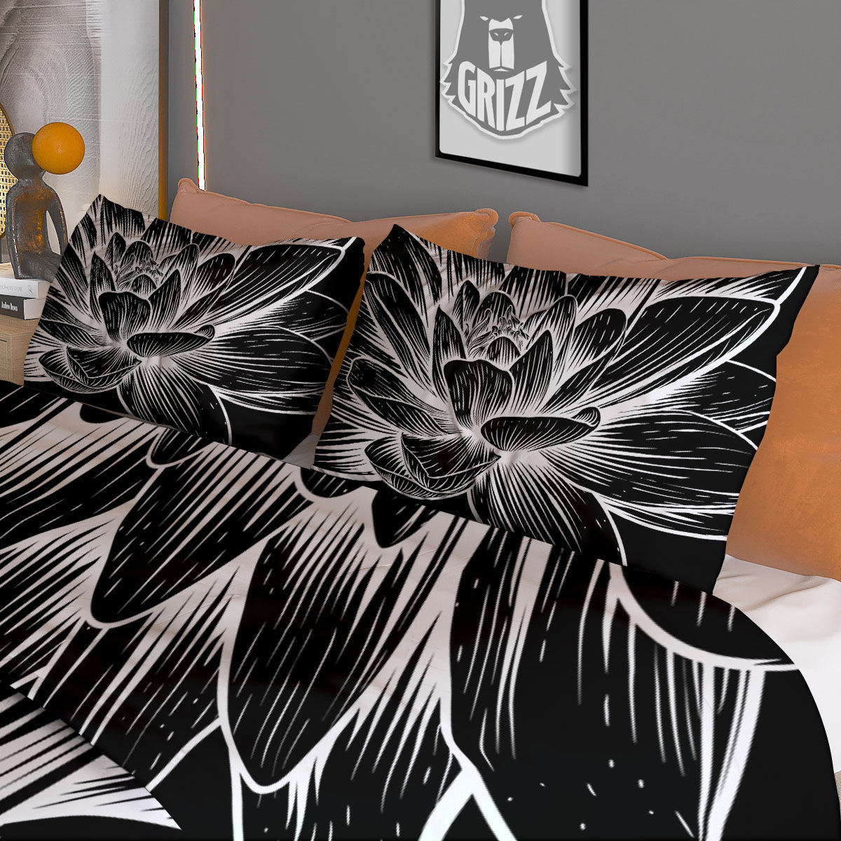 Lotus Flower White And Black Print Duvet Cover Bedding Set