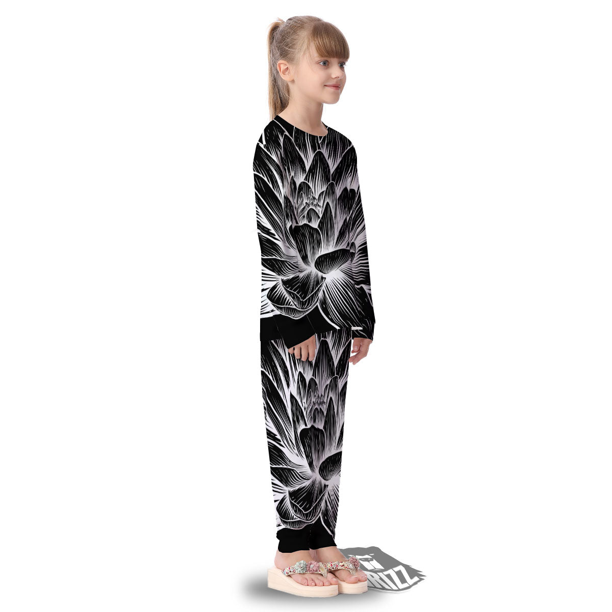 Lotus Flower White And Black Print Kid's Pajamas-grizzshop