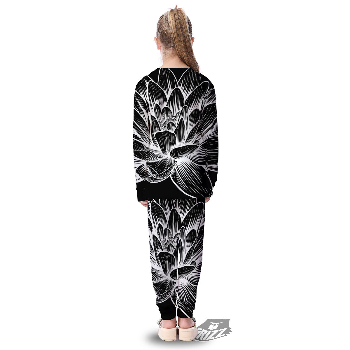 Lotus Flower White And Black Print Kid's Pajamas-grizzshop