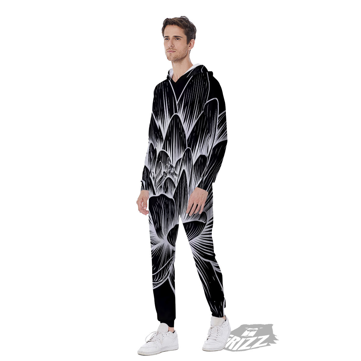 Lotus Flower White And Black Print Men's Jumpsuit-grizzshop