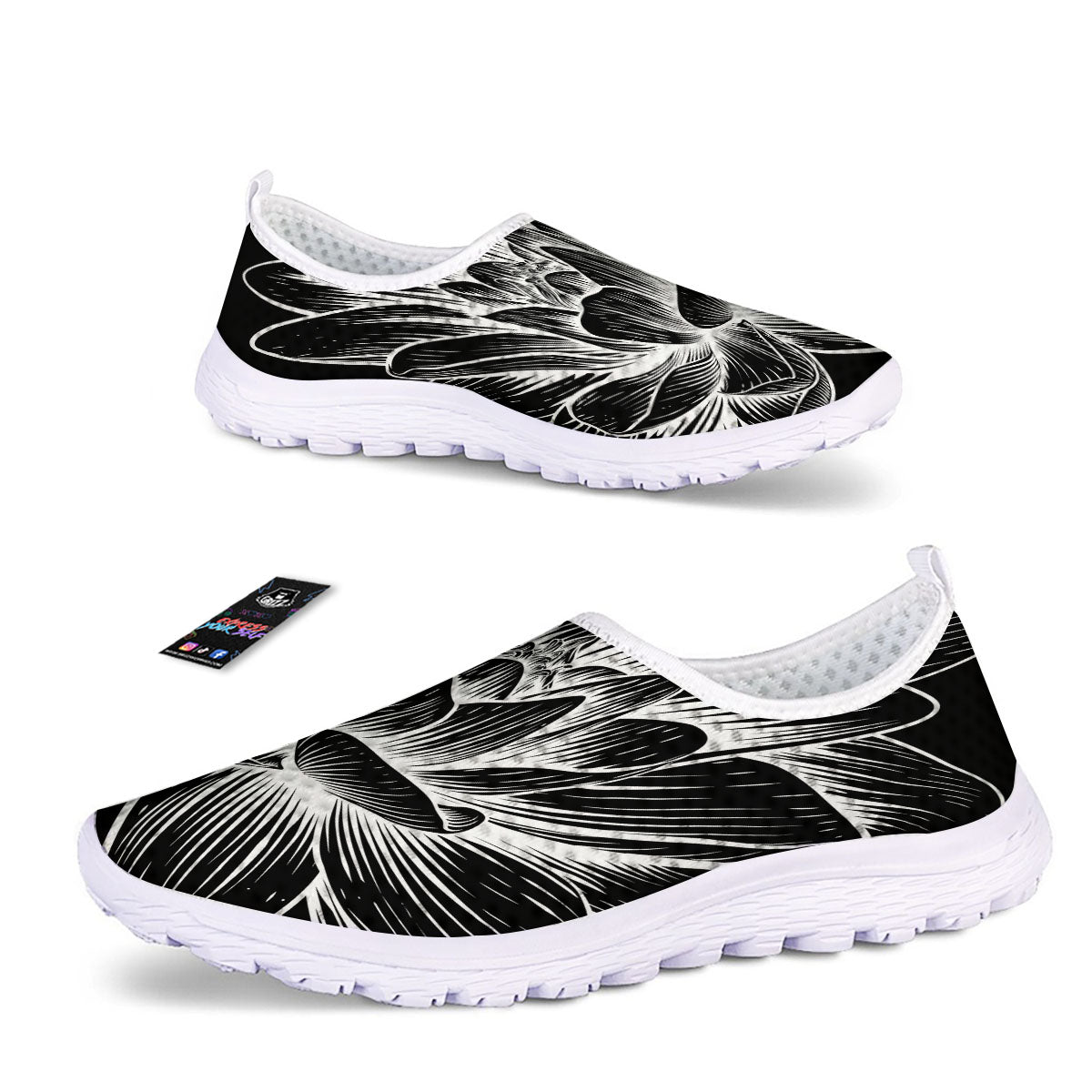 Lotus Flower White And Black Print Nurse Shoes-grizzshop