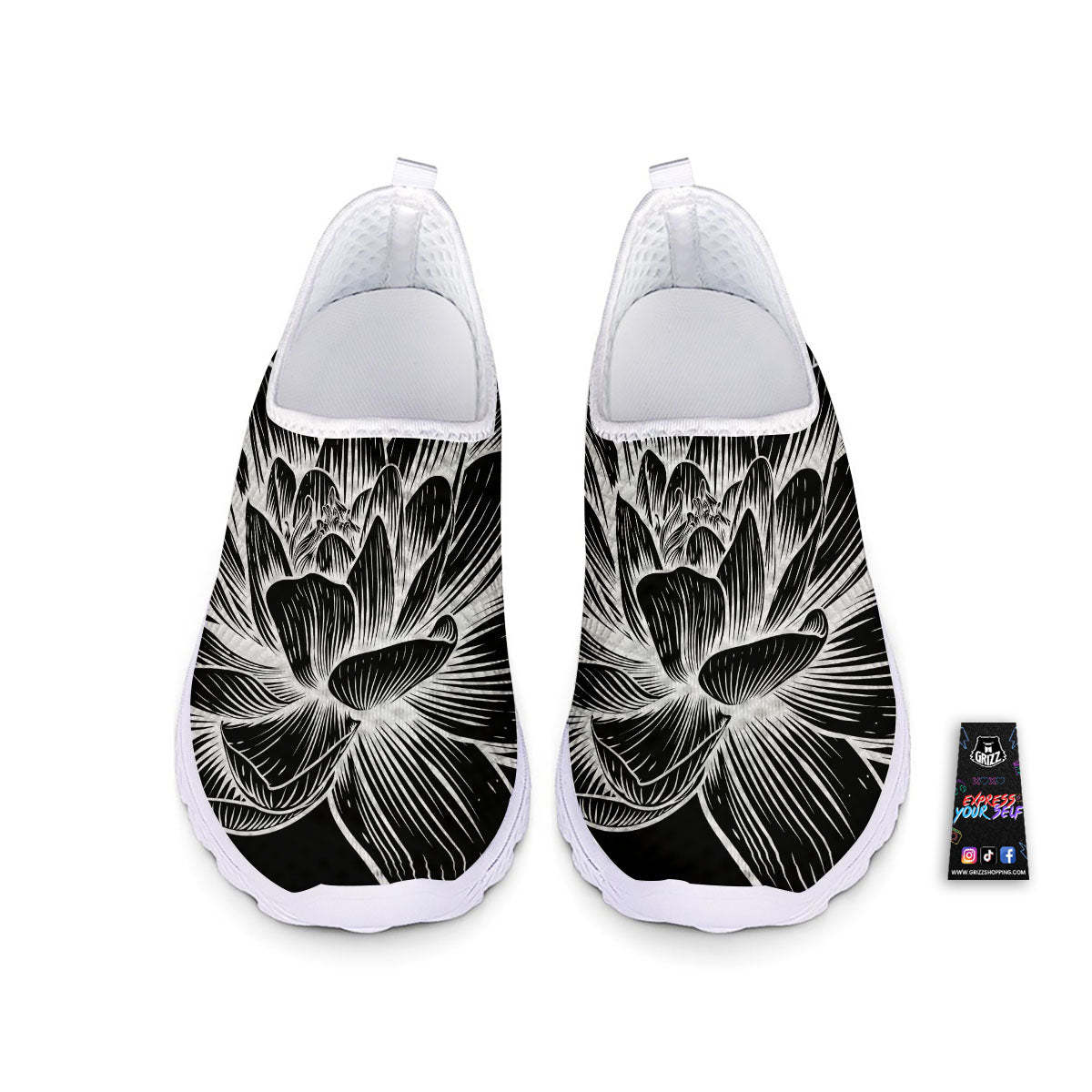 Lotus Flower White And Black Print Nurse Shoes-grizzshop
