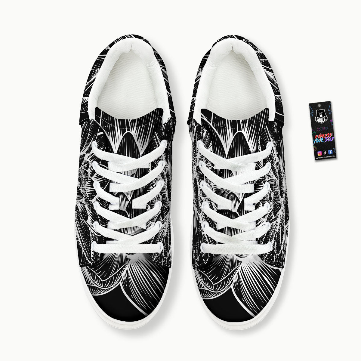 Lotus Flower White And Black Print Platform Shoes-grizzshop