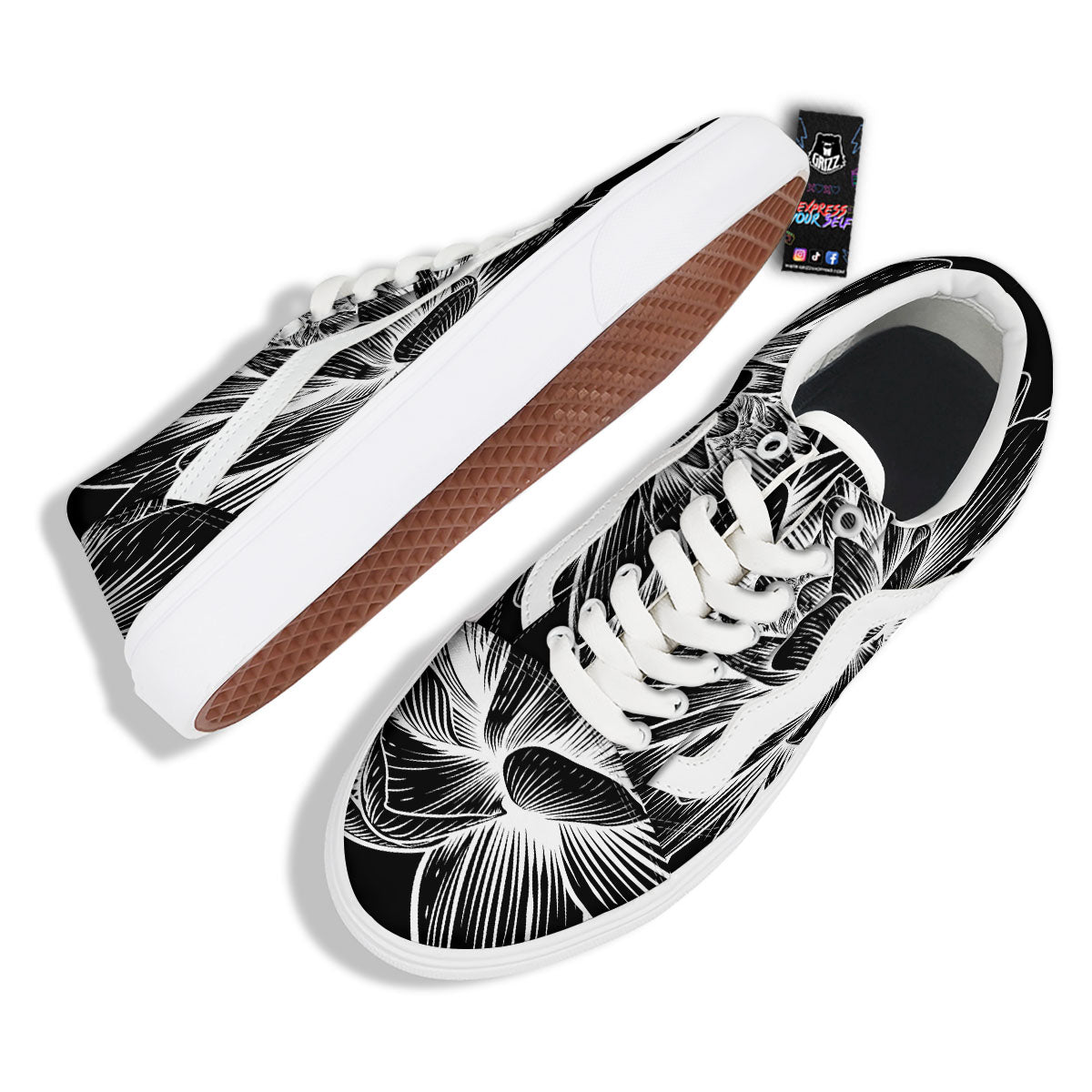 Lotus Flower White And Black Print Skate Shoes-grizzshop