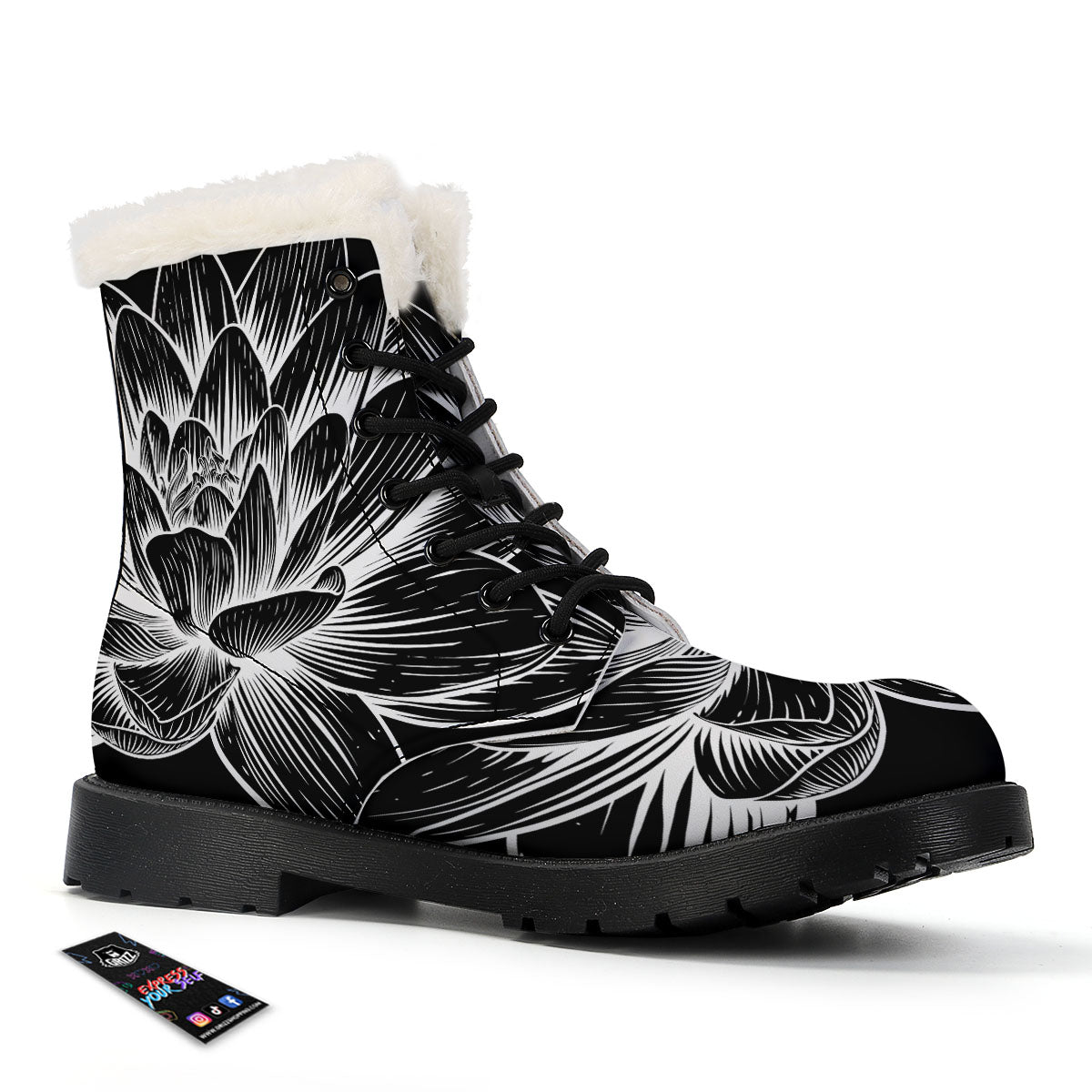 Lotus Flower White And Black Print Winter Boots-grizzshop
