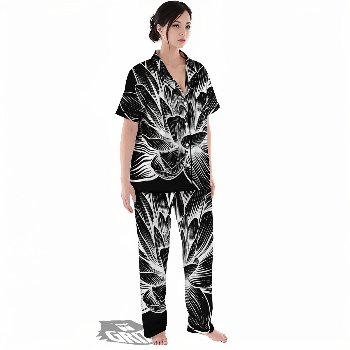 Lotus Flower White And Black Print Women's Pajamas Set-grizzshop