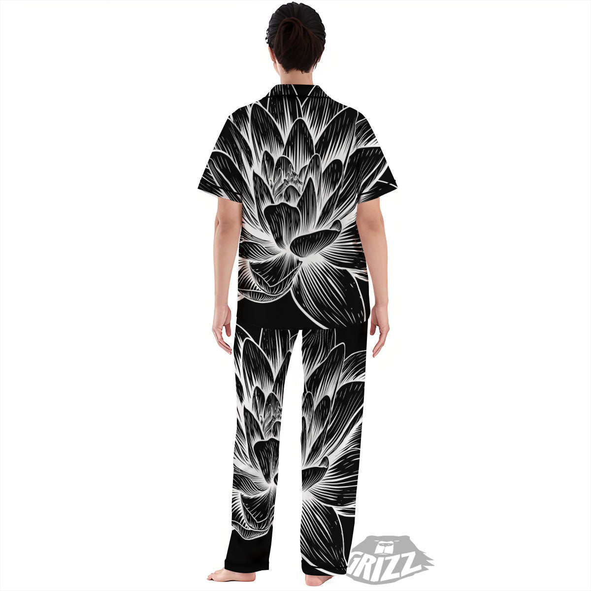 Lotus Flower White And Black Print Women's Pajamas Set-grizzshop