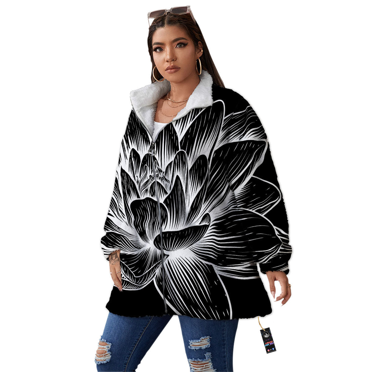 Lotus Flower White And Black Print Women's Sherpa Jacket-grizzshop