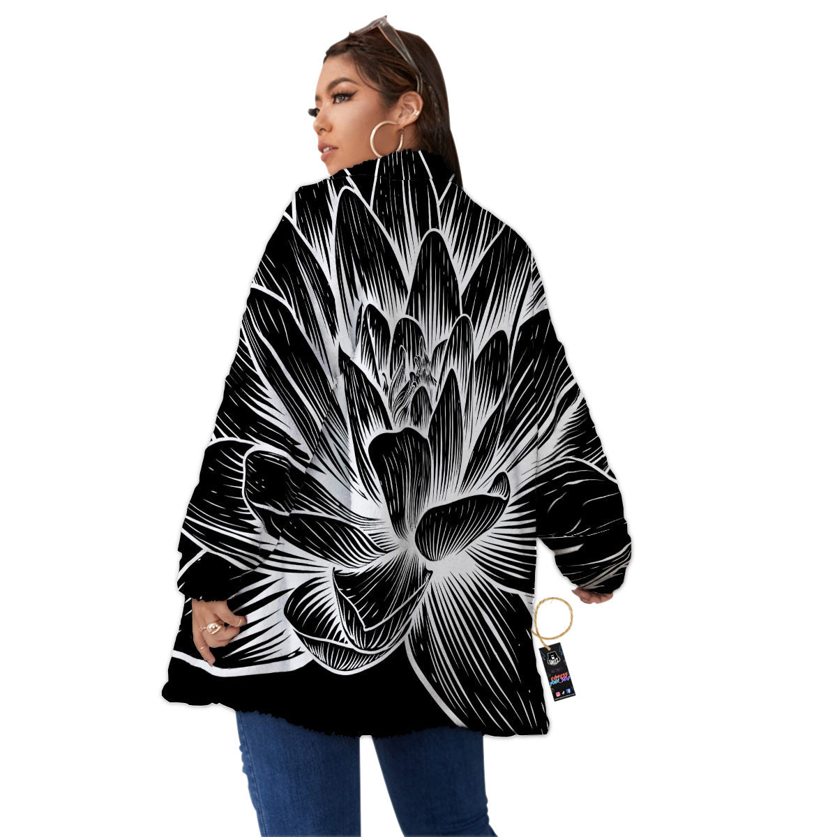 Lotus Flower White And Black Print Women's Sherpa Jacket-grizzshop