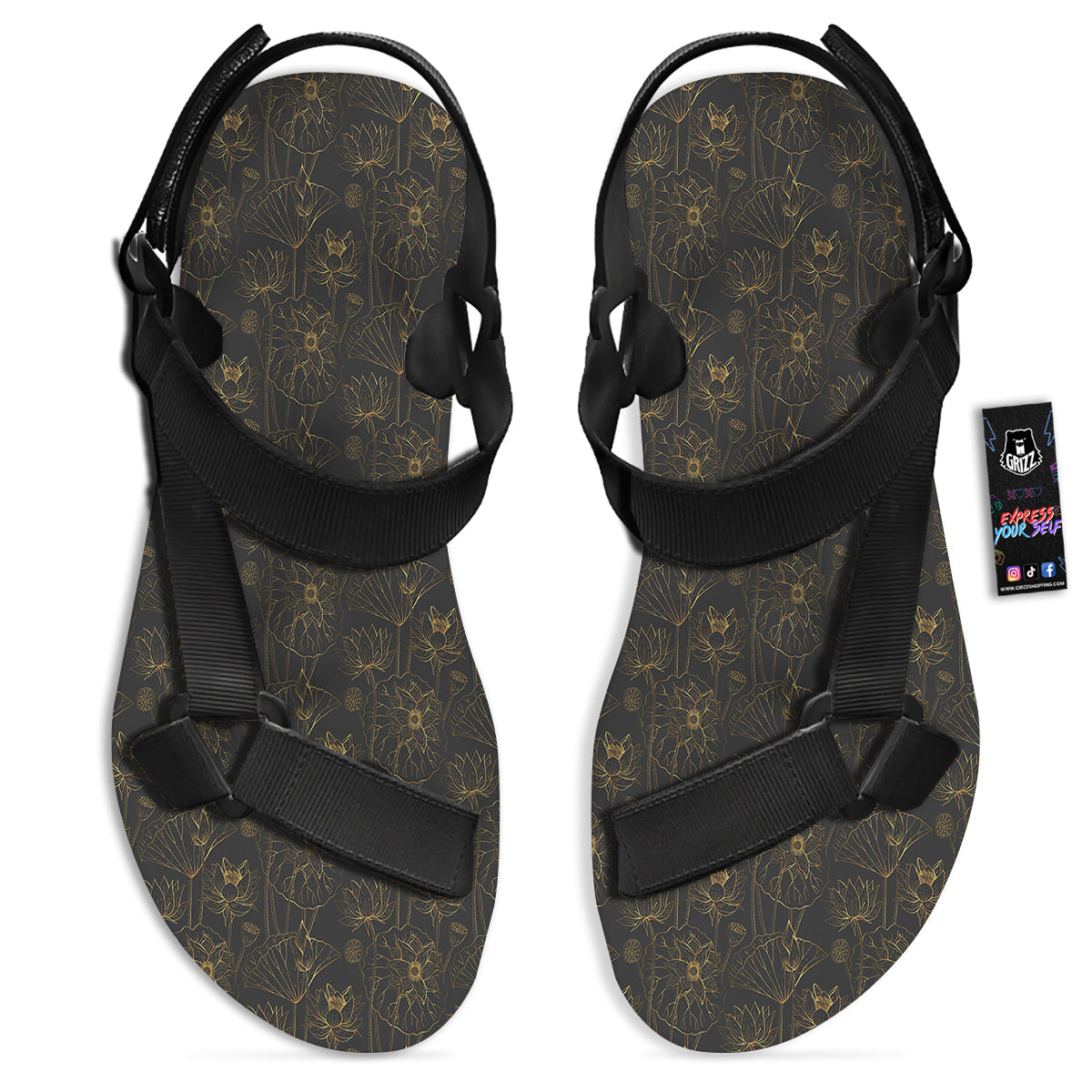 Lotus Gold And Black Print Pattern Black Open Toe Sandals-grizzshop