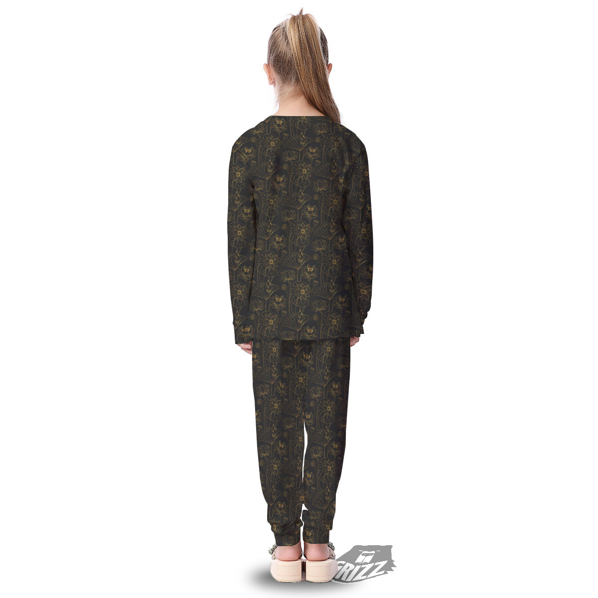 Lotus Gold And Black Print Pattern Kid's Pajamas-grizzshop
