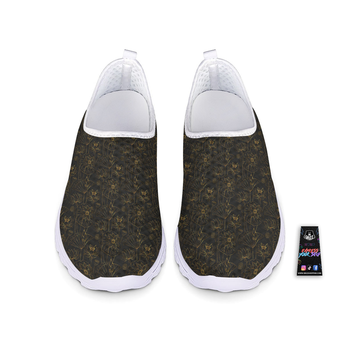 Lotus Gold And Black Print Pattern Nurse Shoes-grizzshop