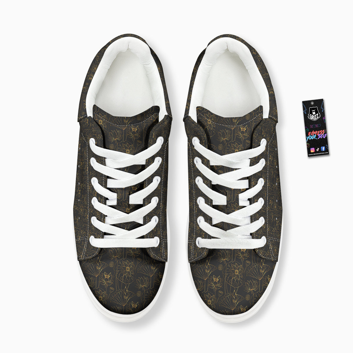 Lotus Gold And Black Print Pattern Platform Shoes-grizzshop