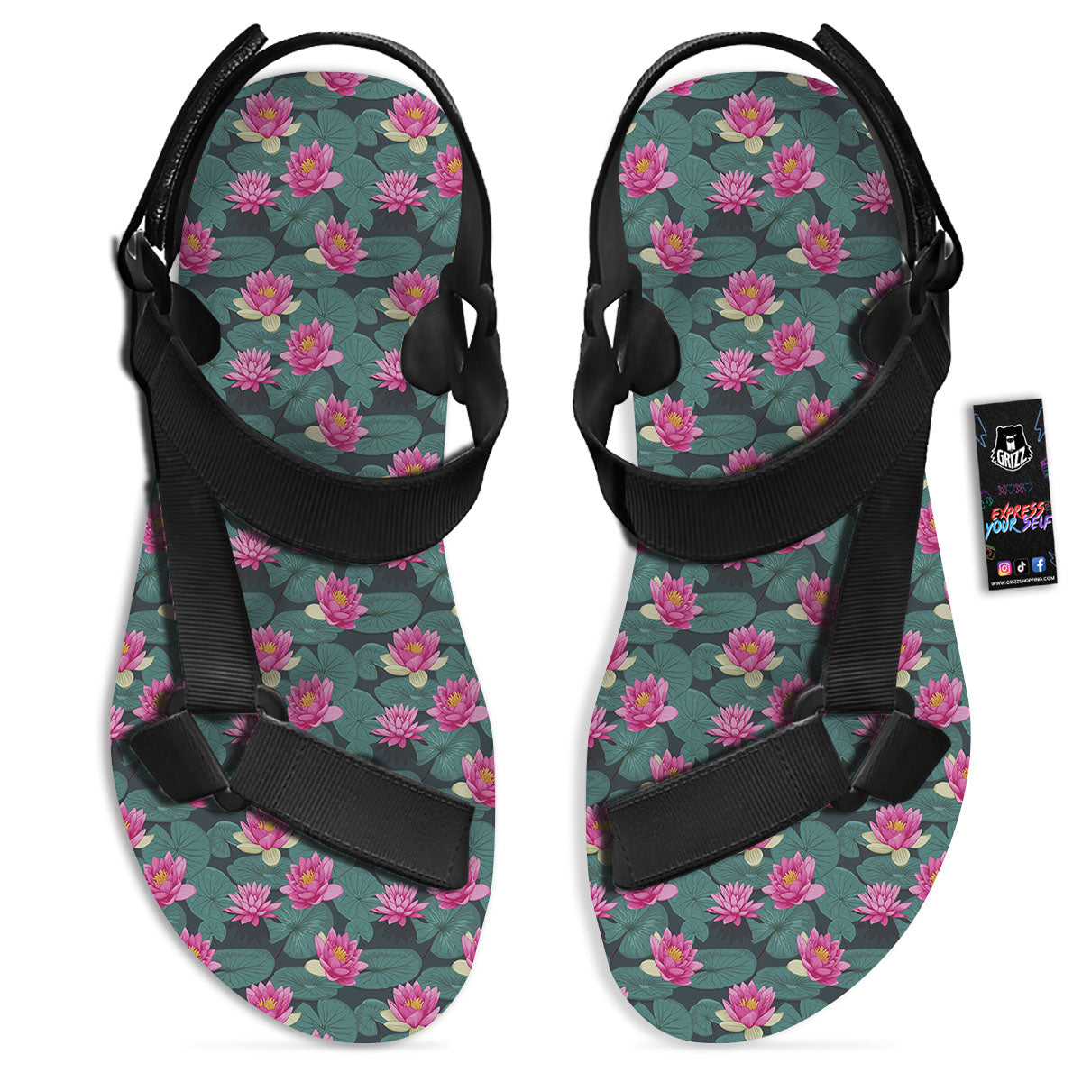 Lotus Hot Pink Print Pattern Black Open Toe Sandals-grizzshop