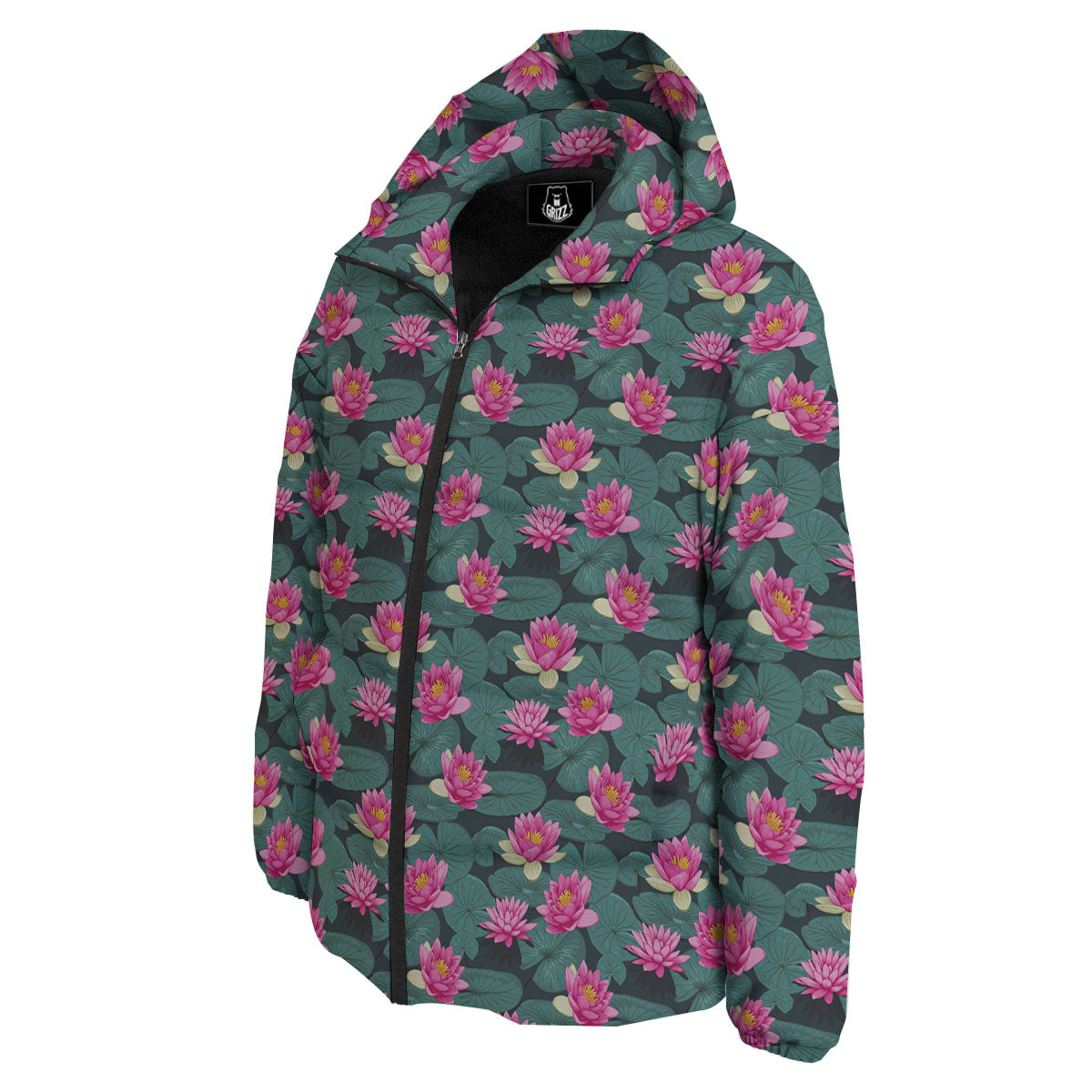 Lotus Hot Pink Print Pattern Down Jacket-grizzshop