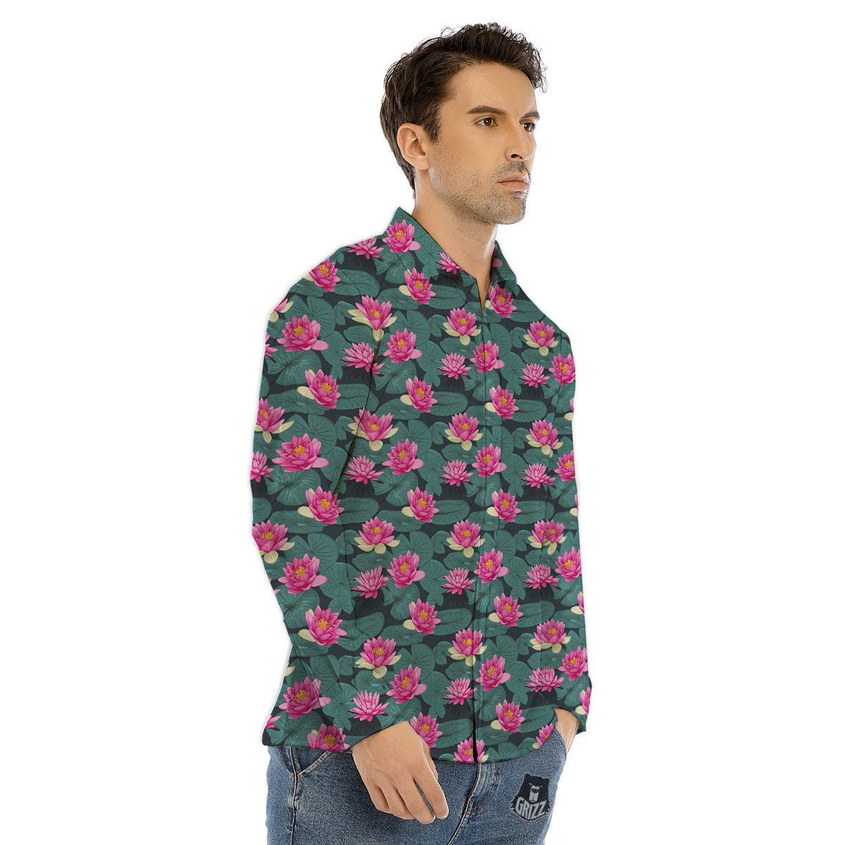 Lotus Hot Pink Print Pattern Men's Dress Shirts-grizzshop