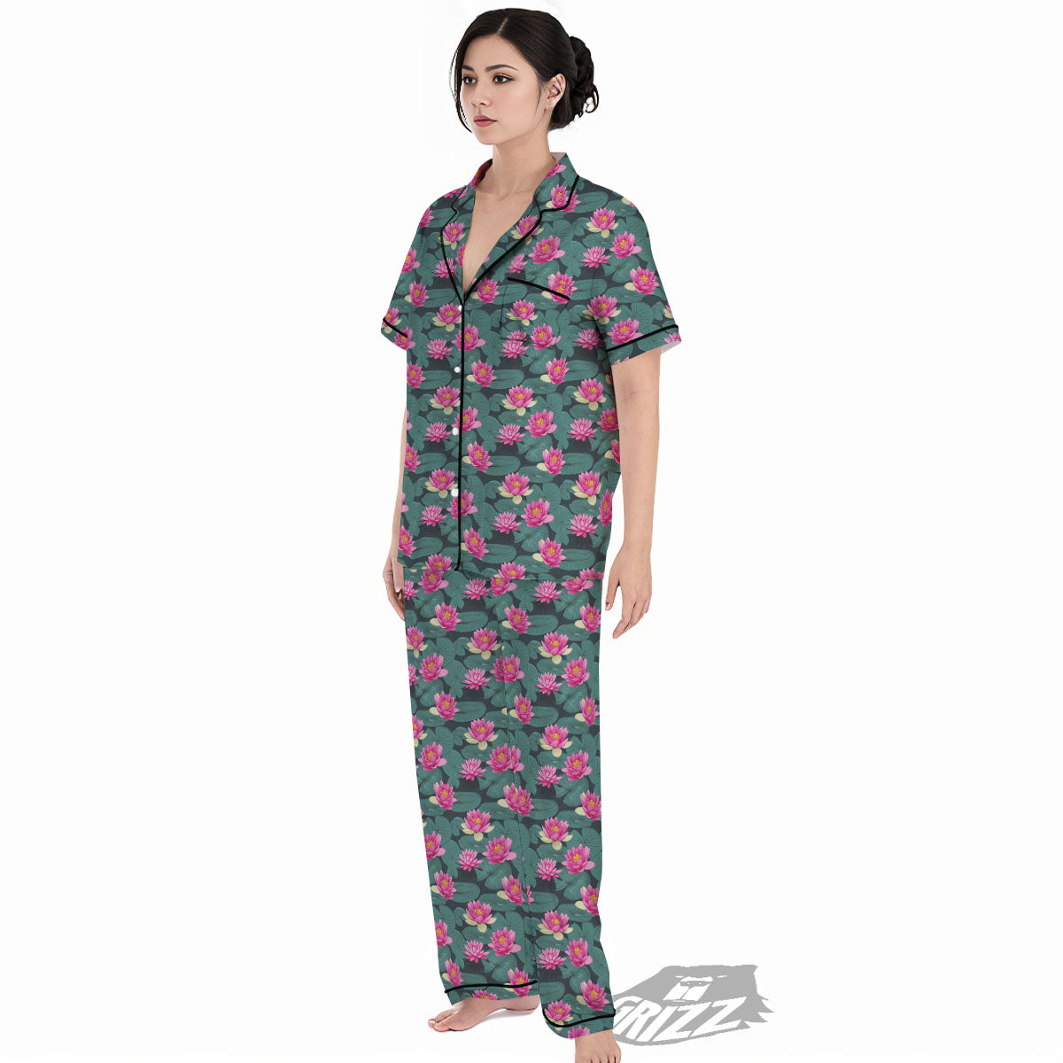 Lotus Hot Pink Print Pattern Women's Pajamas Set-grizzshop