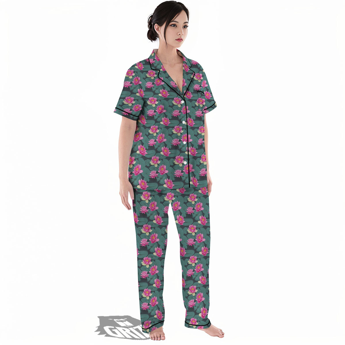 Lotus Hot Pink Print Pattern Women's Pajamas Set-grizzshop