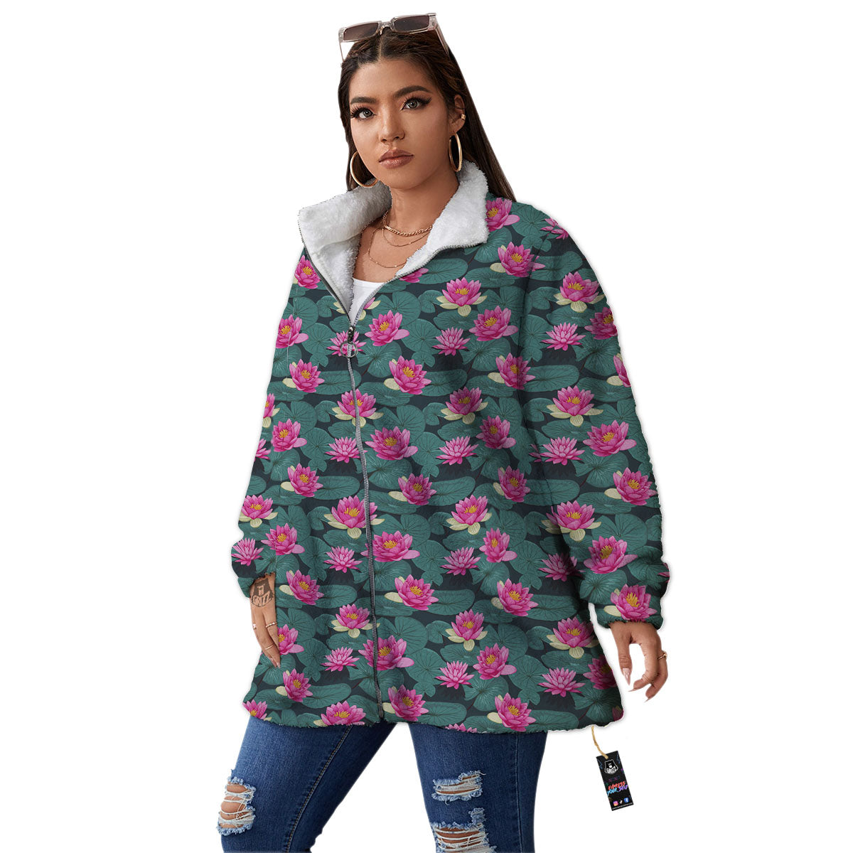 Lotus Hot Pink Print Pattern Women's Sherpa Jacket-grizzshop