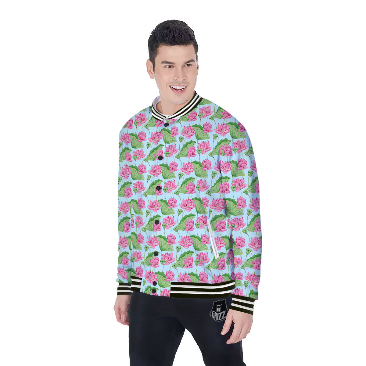 Lotus Leaf And Flower On The Water Print Pattern Baseball Jacket-grizzshop