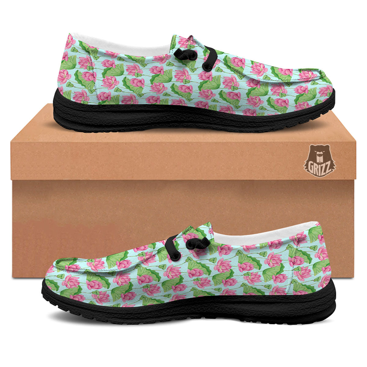 Lotus Leaf And Flower On The Water Print Pattern Black Loafers-grizzshop