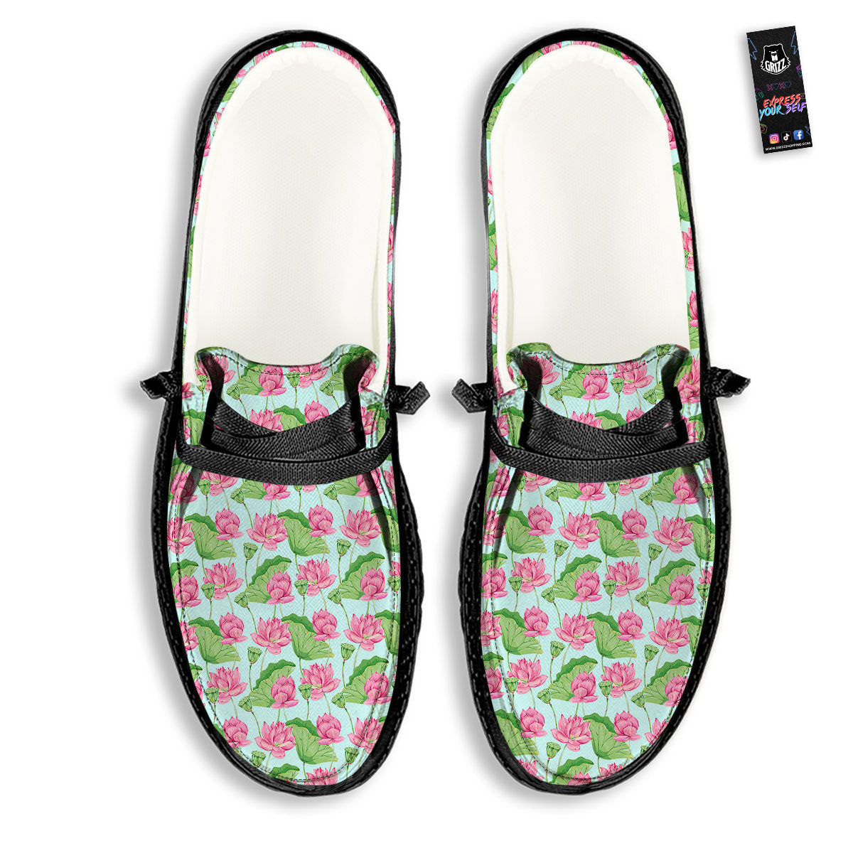Lotus Leaf And Flower On The Water Print Pattern Black Loafers-grizzshop