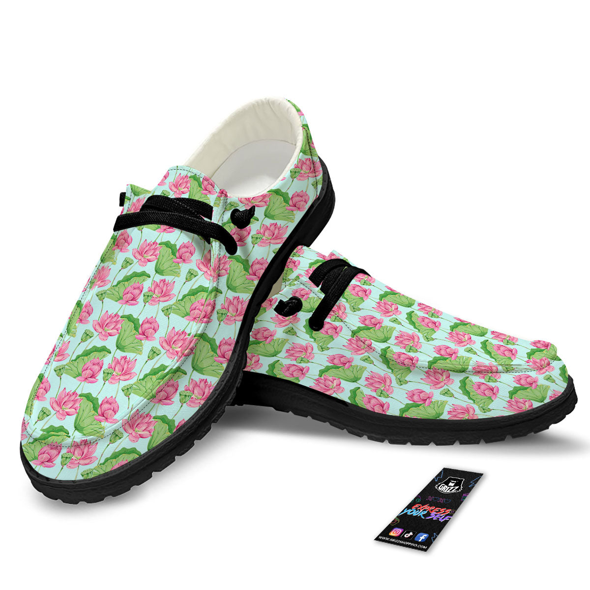 Lotus Leaf And Flower On The Water Print Pattern Black Loafers-grizzshop