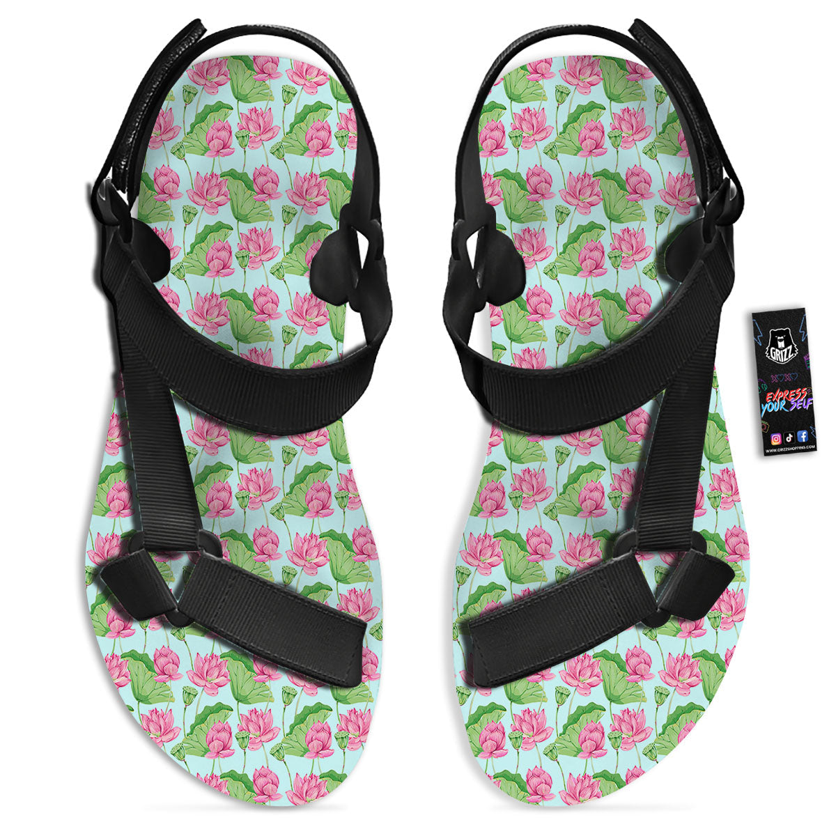 Lotus Leaf And Flower On The Water Print Pattern Black Open Toe Sandals-grizzshop