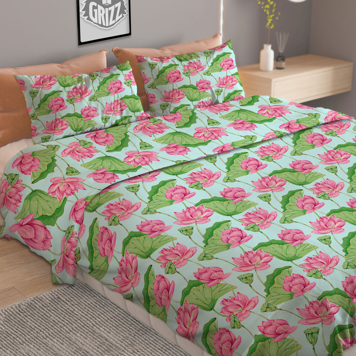 Lotus Leaf And Flower On The Water Print Pattern Duvet Cover Bedding Set