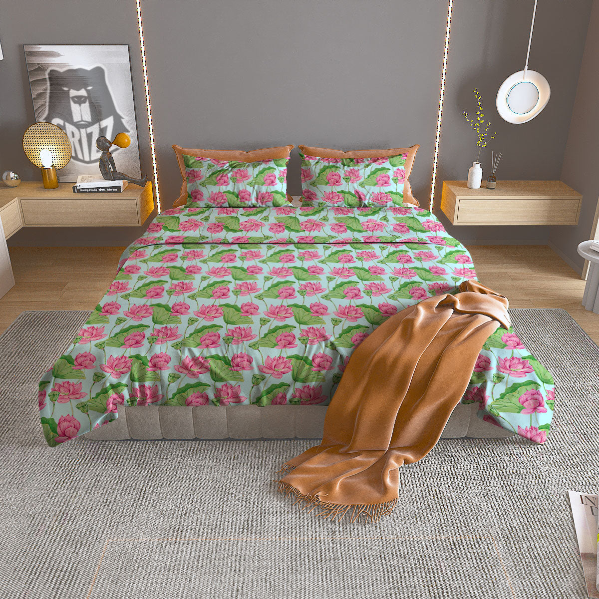 Lotus Leaf And Flower On The Water Print Pattern Duvet Cover Bedding Set