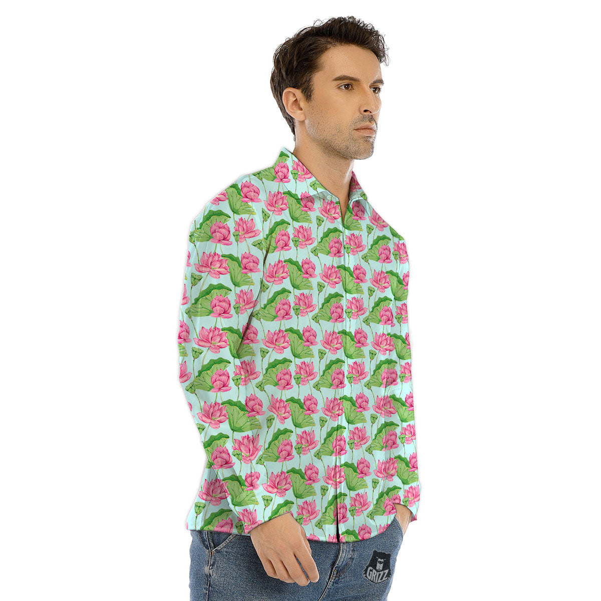 Lotus Leaf And Flower On The Water Print Pattern Men's Dress Shirts-grizzshop