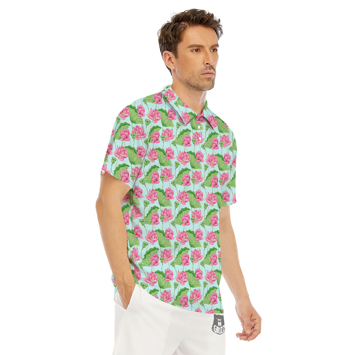 Lotus Leaf And Flower On The Water Print Pattern Men's Golf Shirts-grizzshop