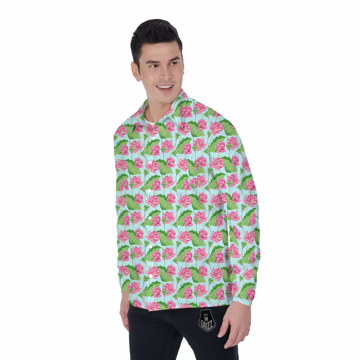 Lotus Leaf And Flower On The Water Print Pattern Men's Long Sleeve Shirts-grizzshop